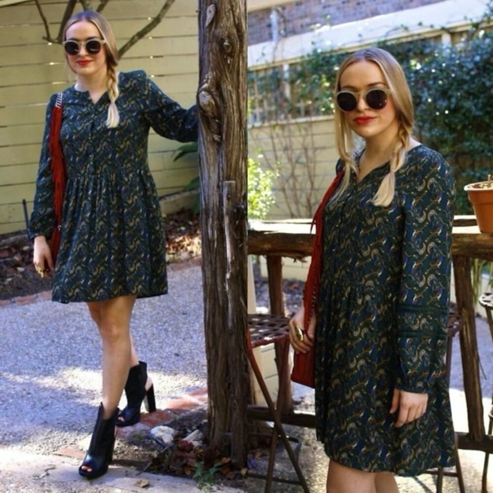 Zara long sleeve Babydoll Dress Women Xs Forest Green lace Boho Mini Peasant